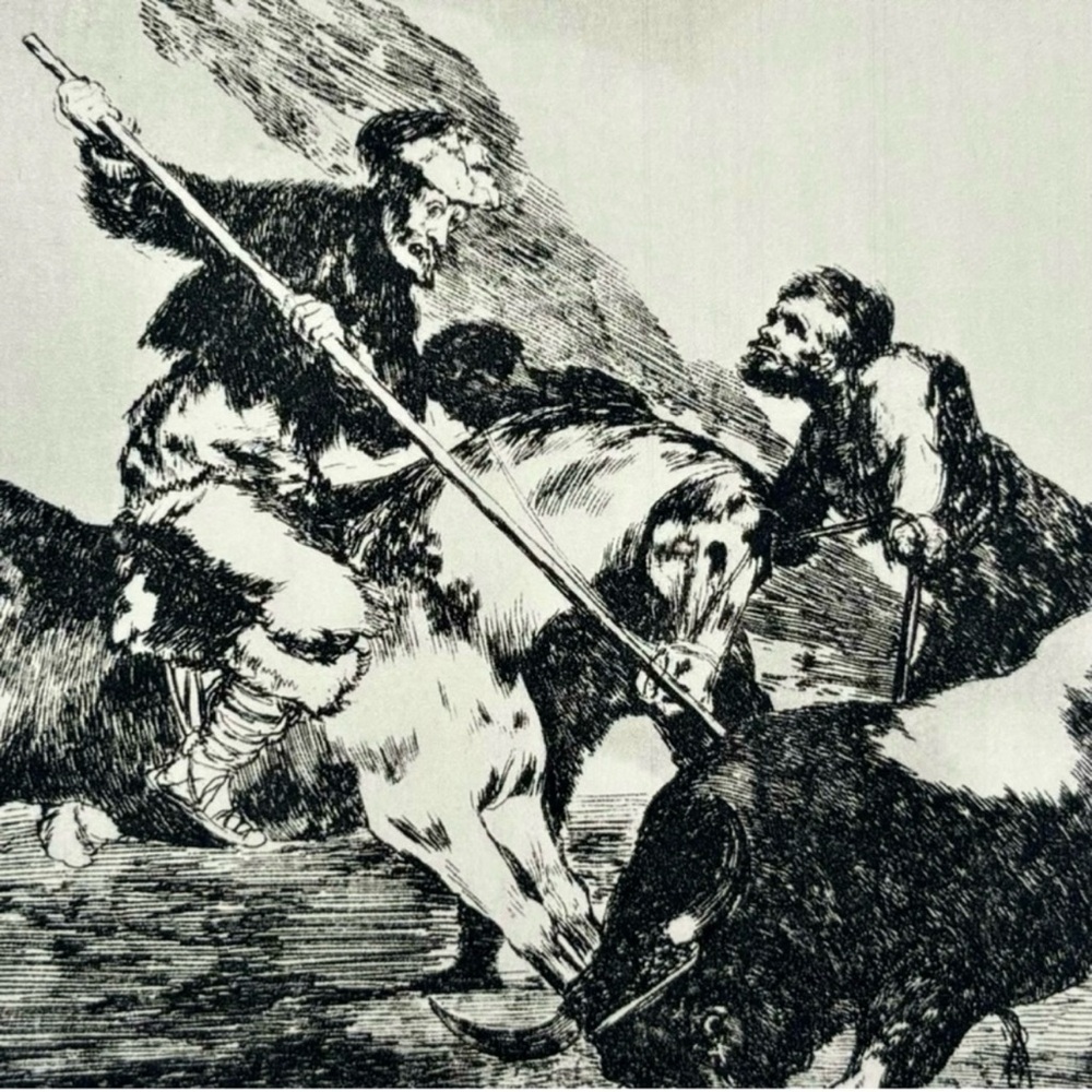 SPANIARDS HUNTED BULLS ON HORSEBACK Original Antique Vintage Fine Art GOYA Print